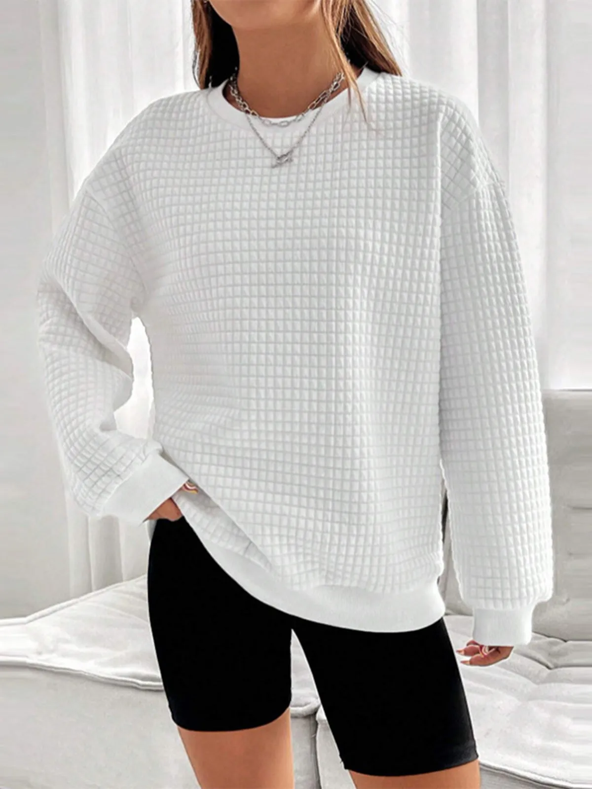 Solid Textured Crew Neck Sweatshirt sold by COMMENSE