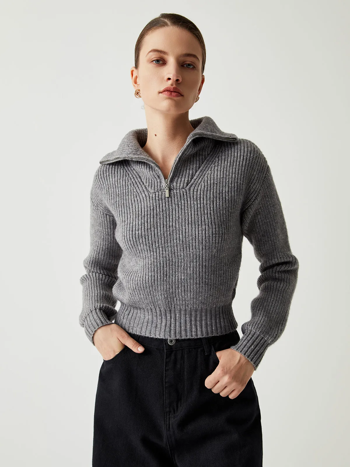 Open Collar Zippered Sweater sold by COMMENSE