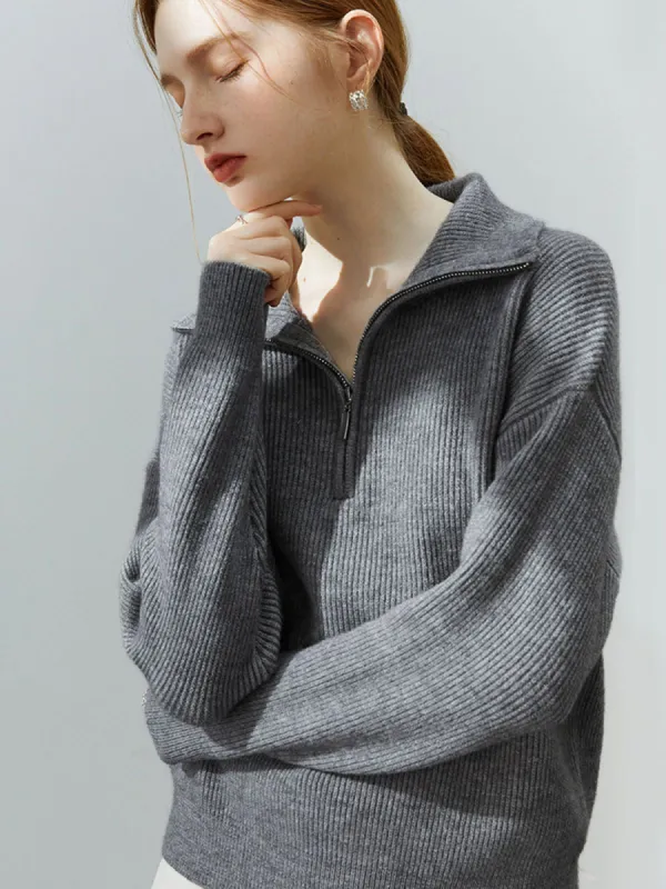 Zip Up Textured Collared Sweater sold by COMMENSE