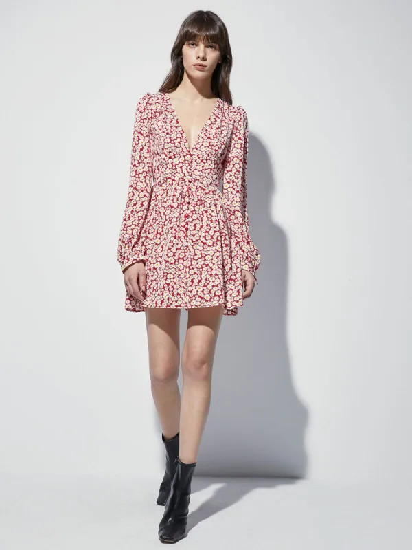 Long Sleeve Mini Floral V Neck Cinched Mini A Line Dress made by COMMENSE