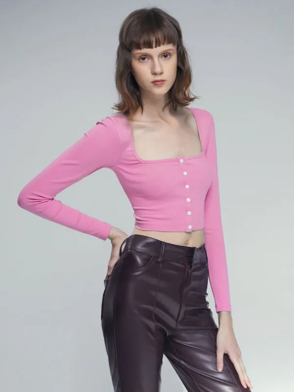 Square Neck Button Front Long Sleeve Top sold by COMMENSE