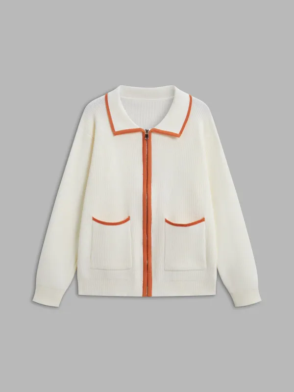 Contrast Binding Collared Cardigan sold by COMMENSE