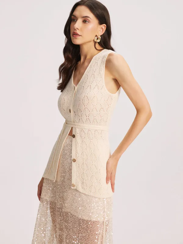 Knit Sleeveless Button Belted Top sold by COMMENSE