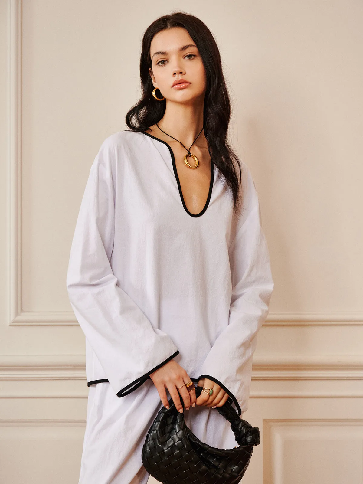 Cotton Contrast Trim Collarless Pants Set sold by COMMENSE product image thumbnail 3