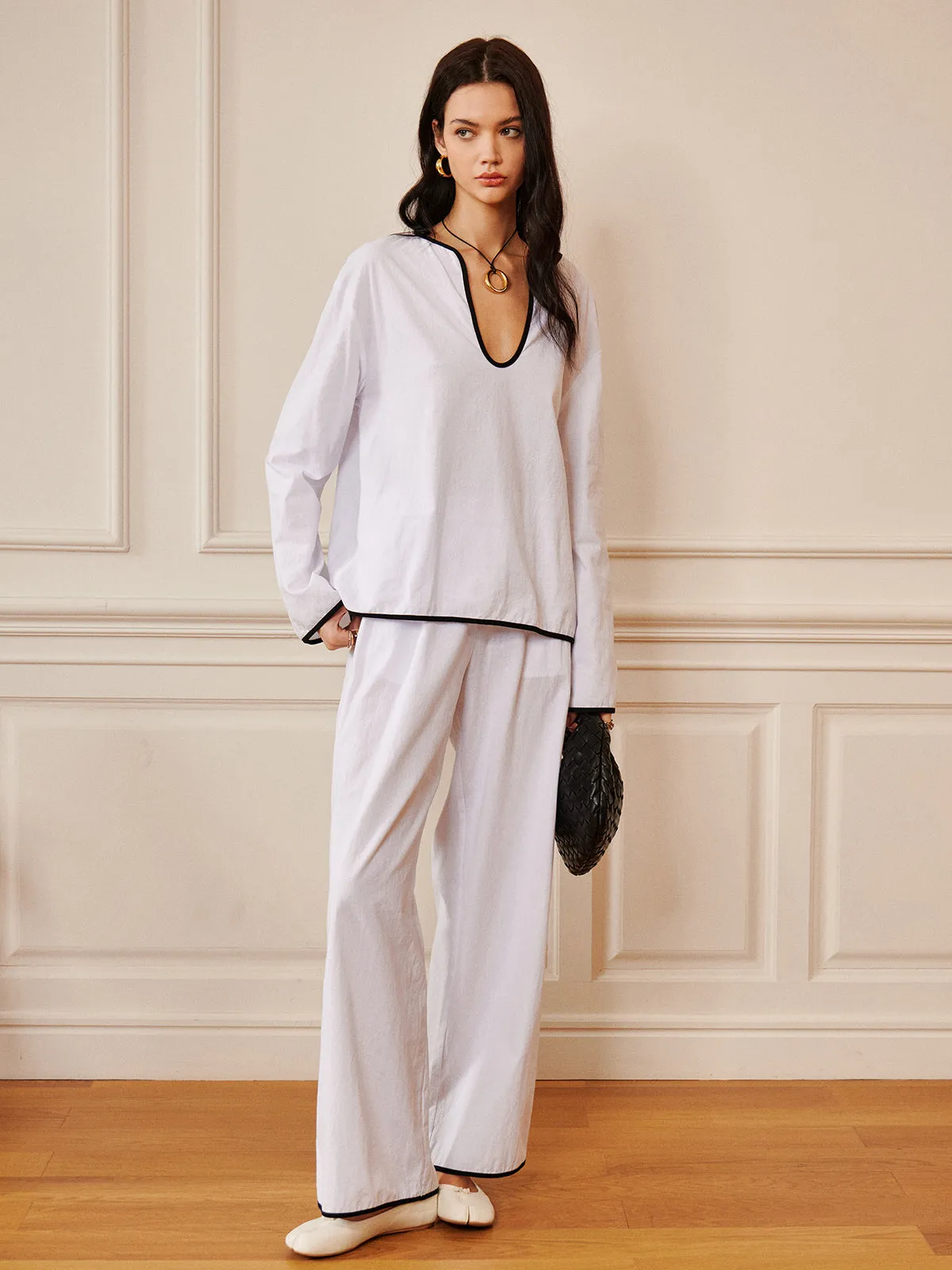 Cotton Contrast Trim Collarless Pants Set sold by COMMENSE product image thumbnail 4