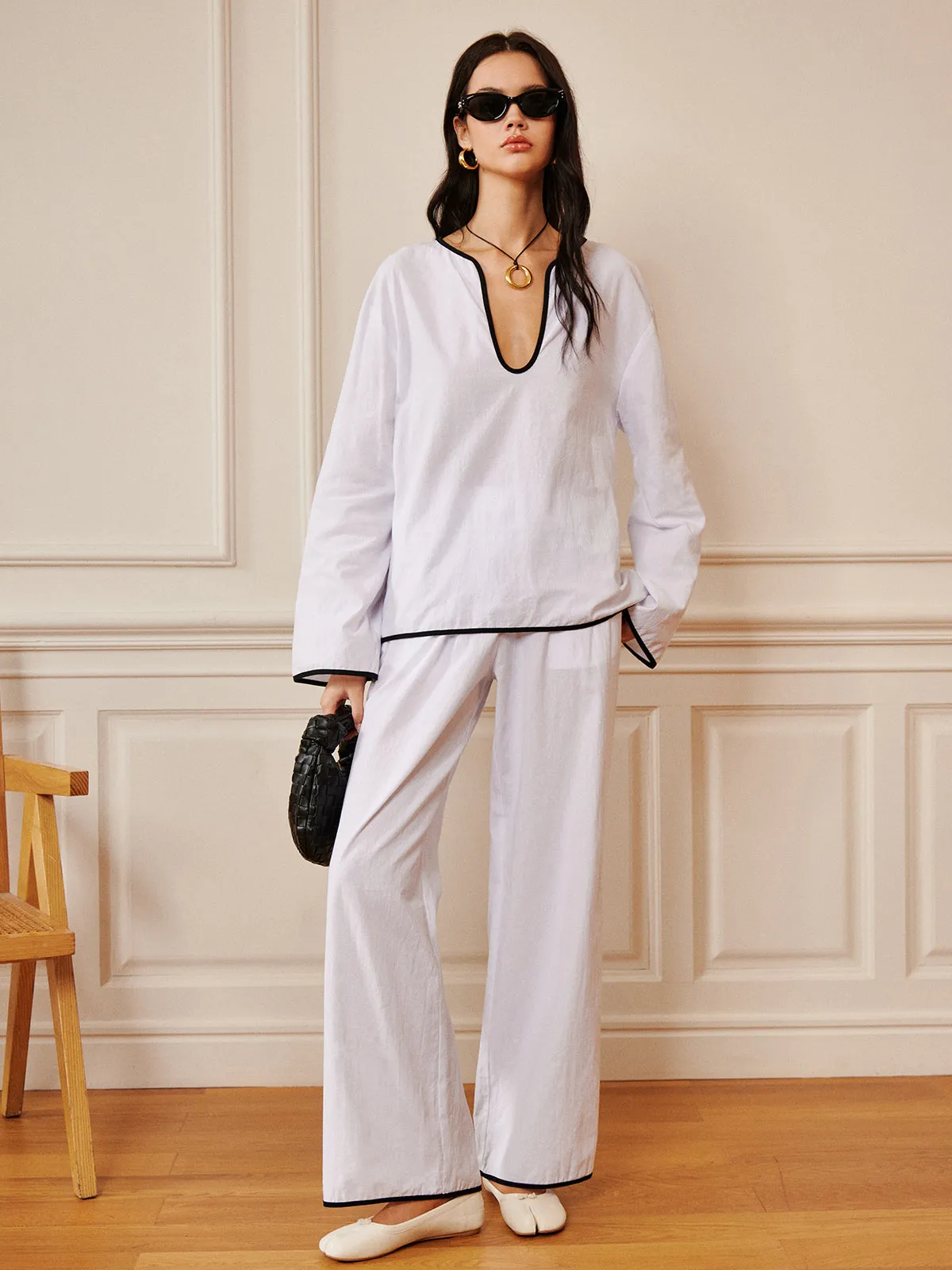 Cotton Contrast Trim Collarless Pants Set sold by COMMENSE