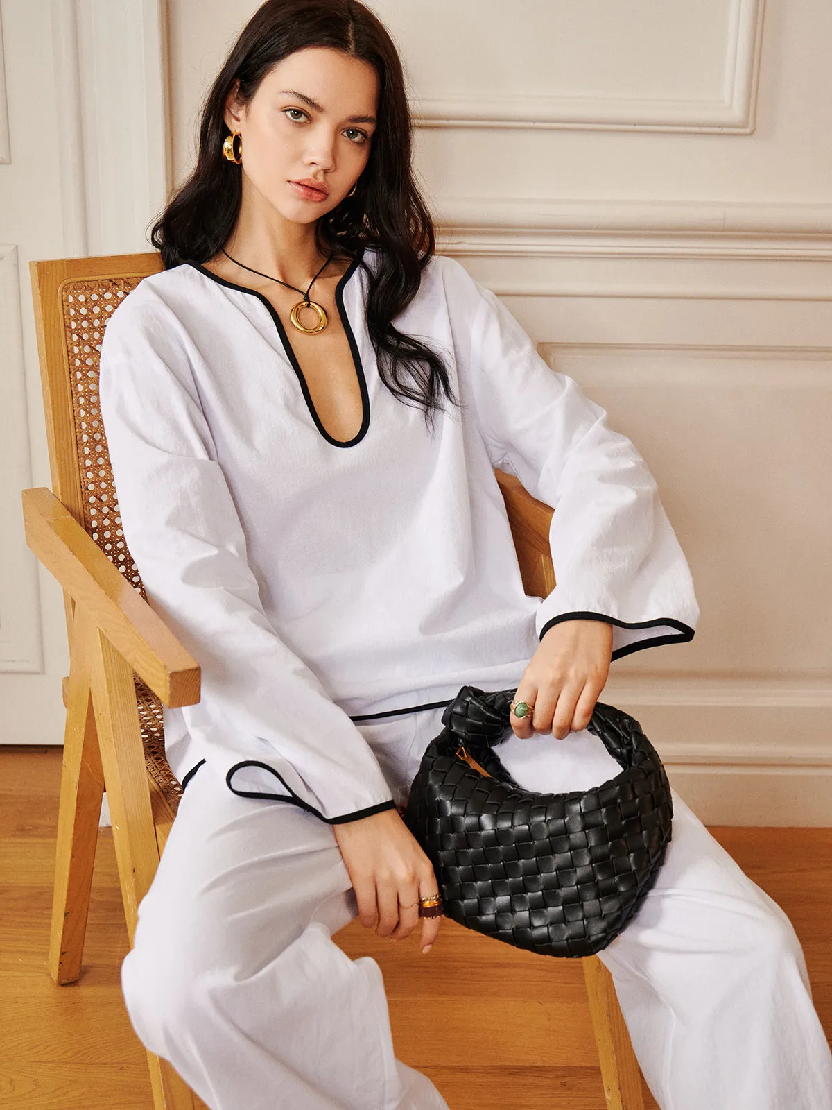 Cotton Contrast Trim Collarless Pants Set sold by COMMENSE product image thumbnail 2