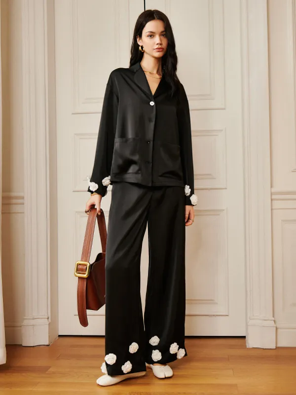 Satin 3D Flower Button Pants sold by COMMENSE