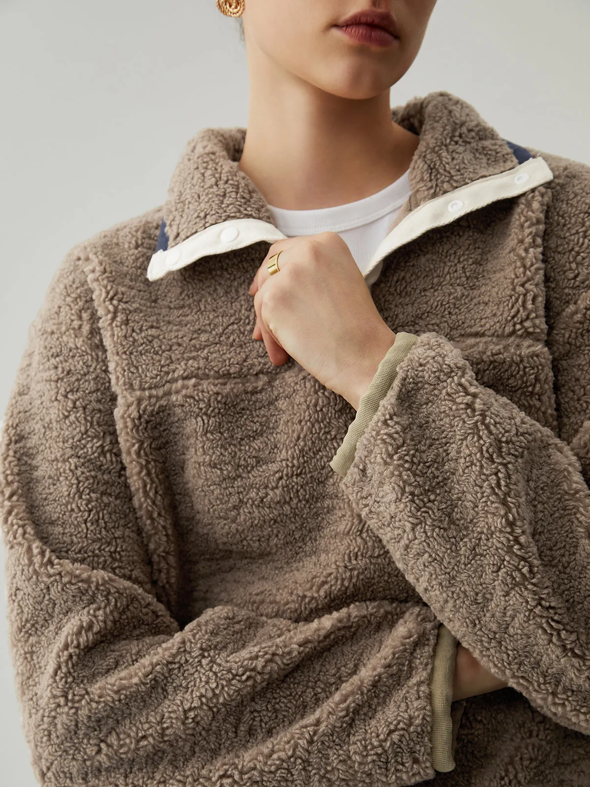 Button Down Collar Contrast Trim Sherpa Sweater sold by COMMENSE product image thumbnail 4