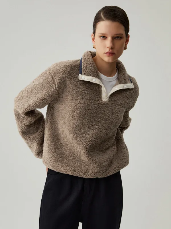 Button Down Collar Contrast Trim Sherpa Sweater sold by COMMENSE