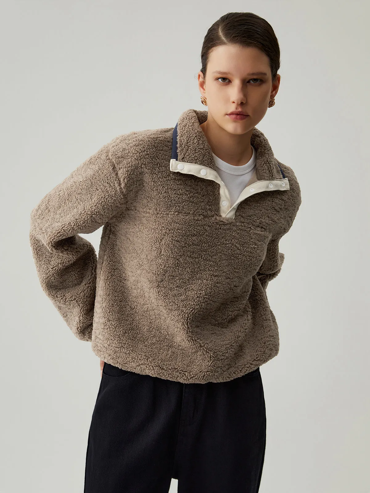 Button Down Collar Contrast Trim Sherpa Sweater sold by COMMENSE