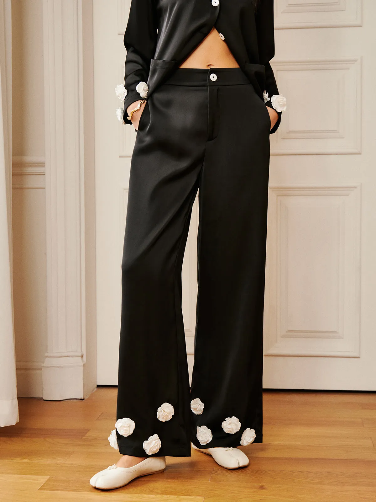 Satin 3D Flower Button Pants sold by COMMENSE product image thumbnail 2