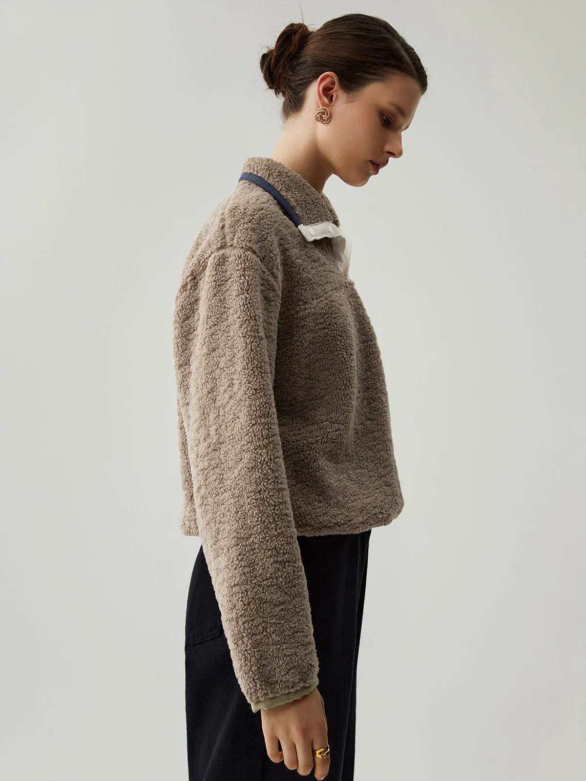 Button Down Collar Contrast Trim Sherpa Sweater sold by COMMENSE product image thumbnail 5