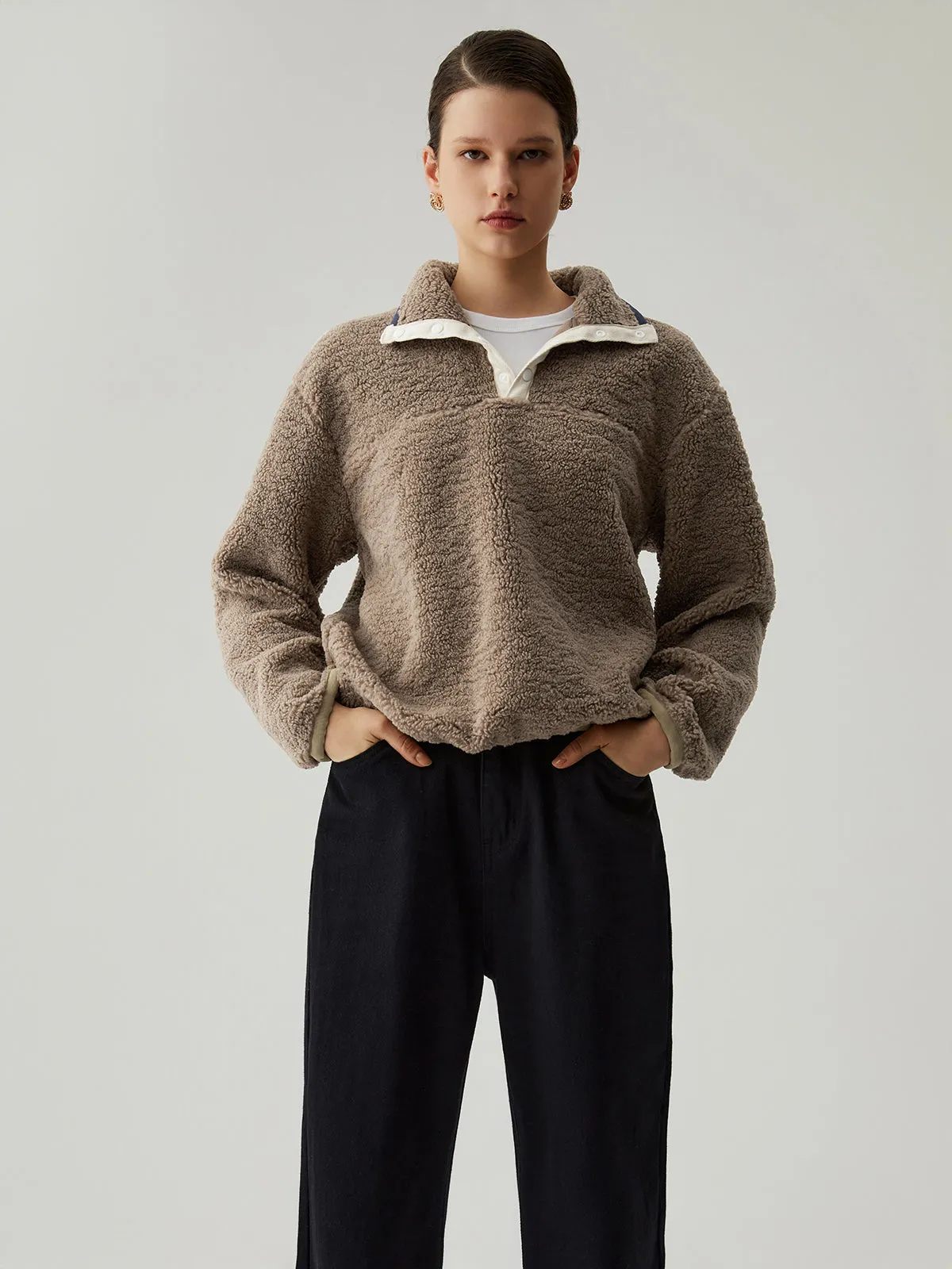 Button Down Collar Contrast Trim Sherpa Sweater sold by COMMENSE product image thumbnail 2