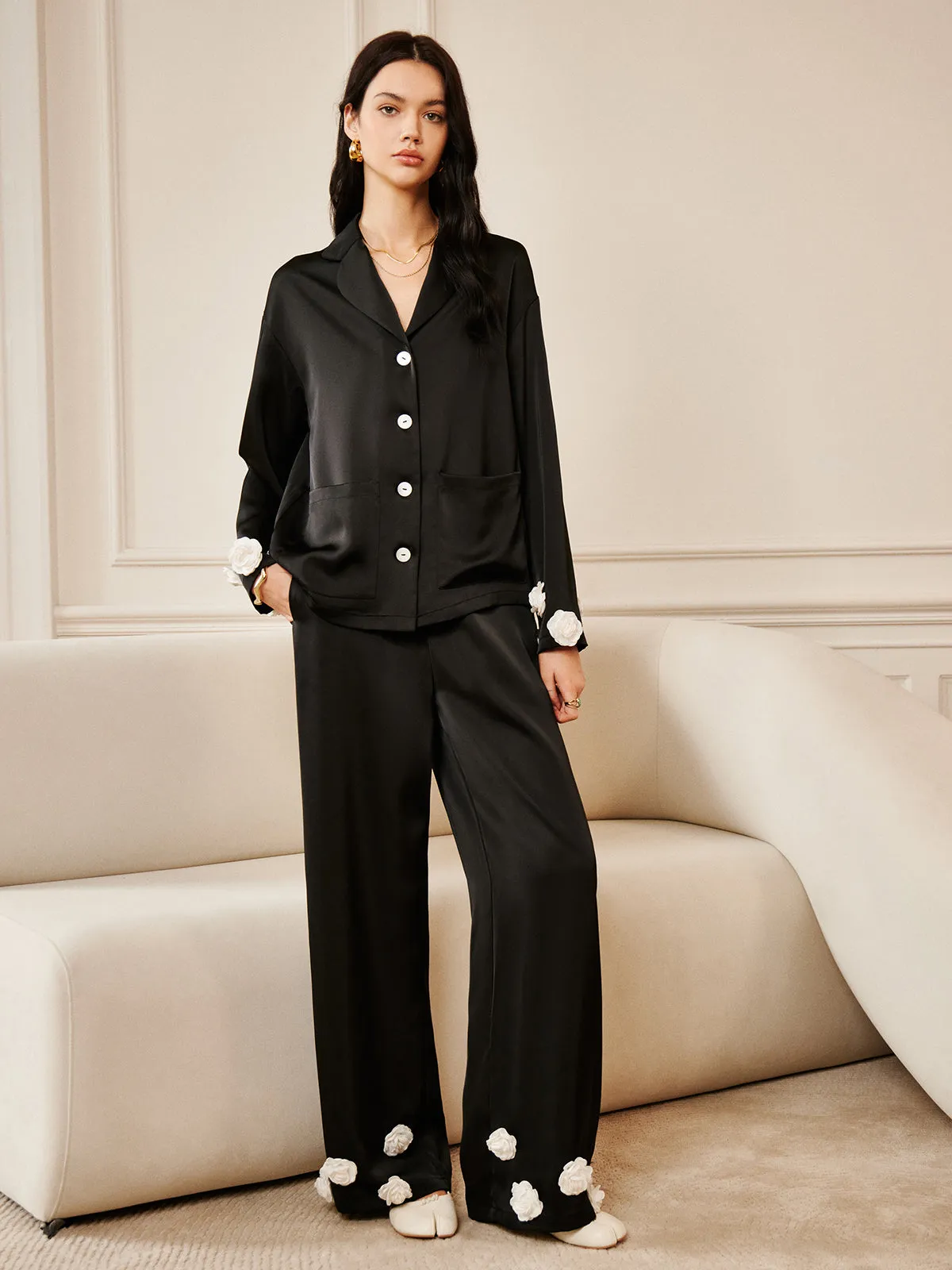 Satin 3D Flower Button Pants sold by COMMENSE product image thumbnail 3