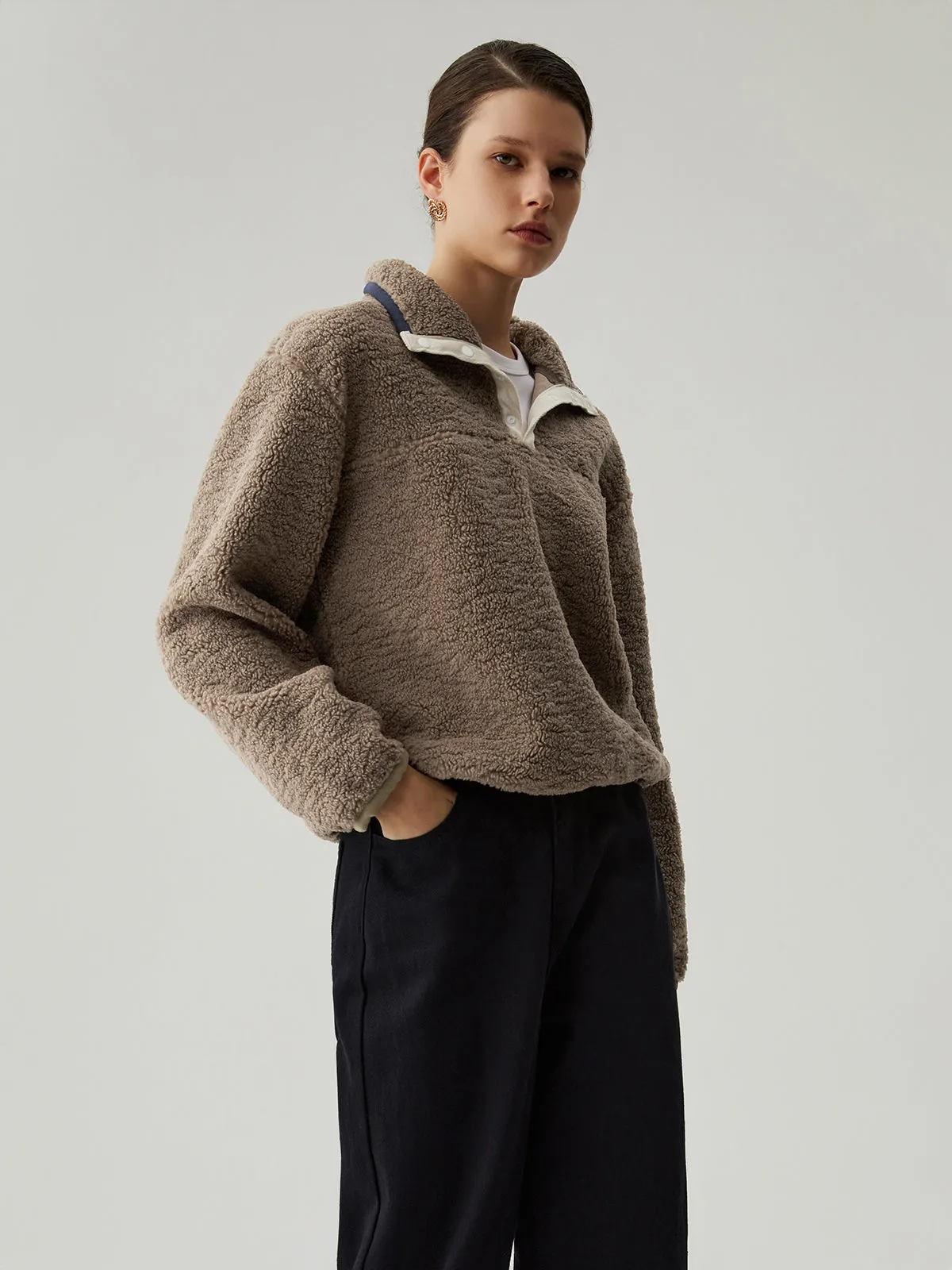 Button Down Collar Contrast Trim Sherpa Sweater sold by COMMENSE product image thumbnail 3