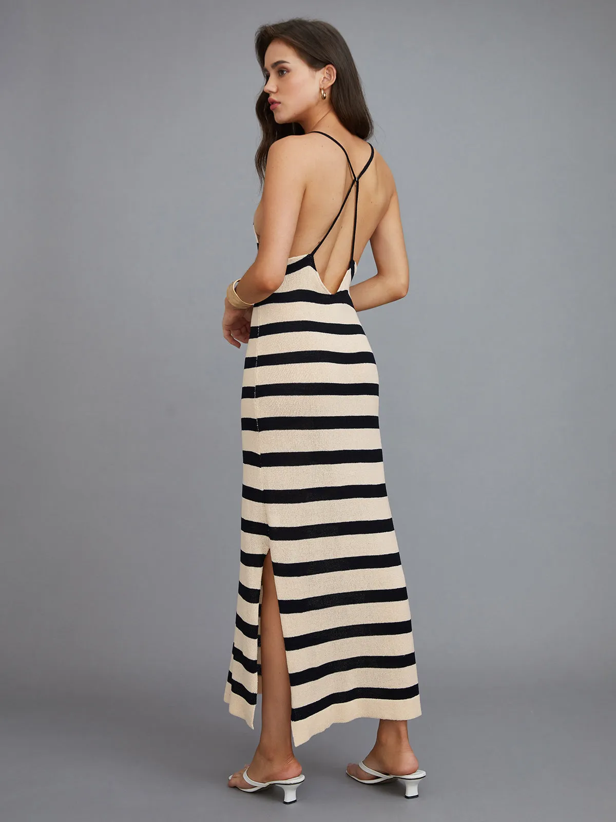 Stripe Halter V Neck Split Midi Dress sold by COMMENSE