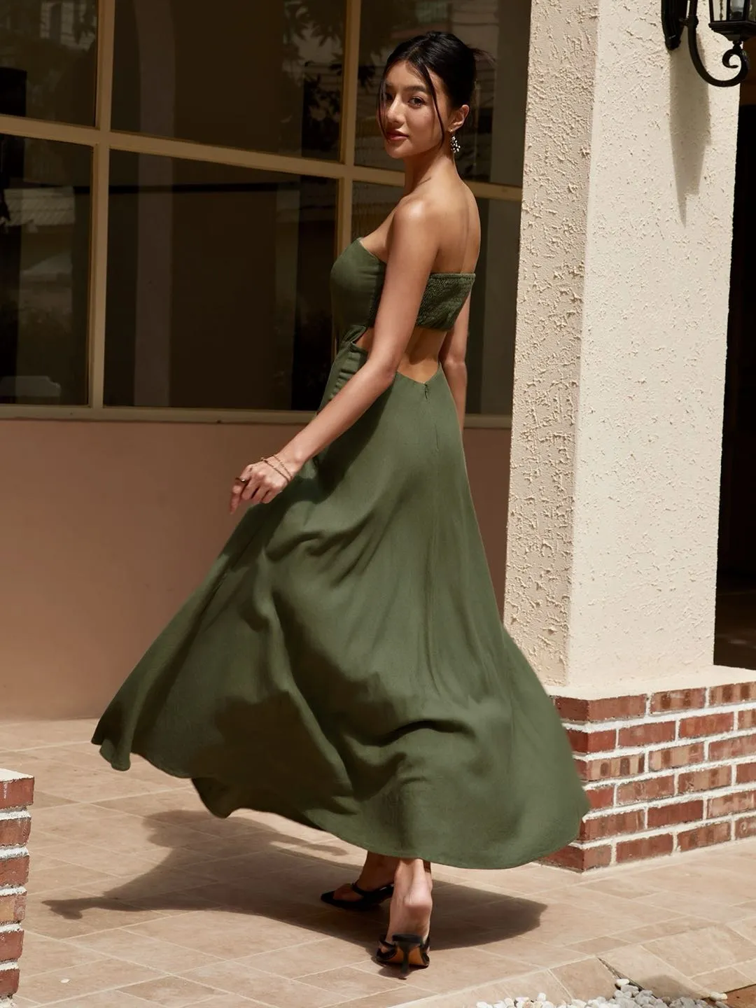 Linen Blends Shirred Cutout Long Tube Dress sold by COMMENSE