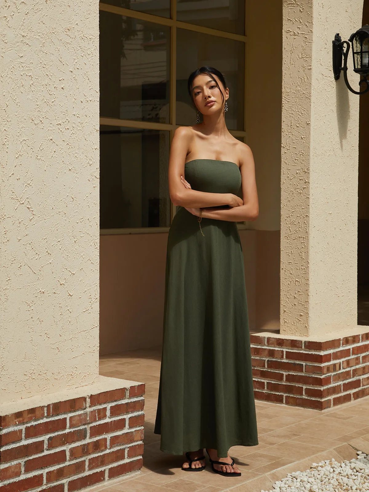 Linen Blends Shirred Cutout Long Tube Dress sold by COMMENSE product image thumbnail 5