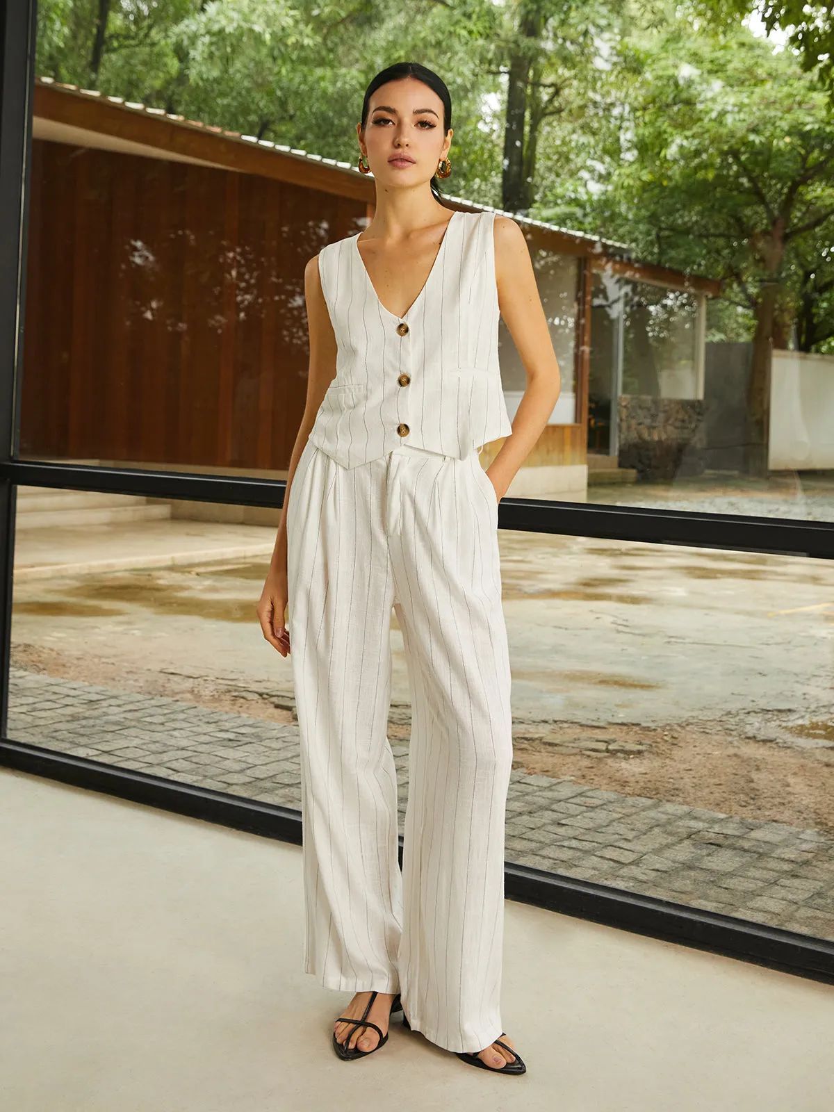 Stripe Vest With Straight Leg Pants Set sold by COMMENSE