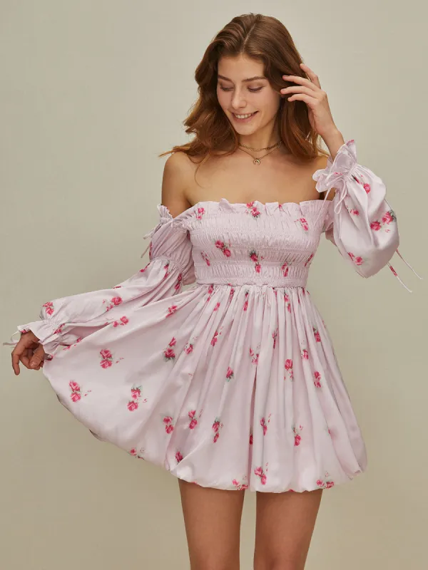 Floral Puff Sleeve Shirred Dress sold by COMMENSE