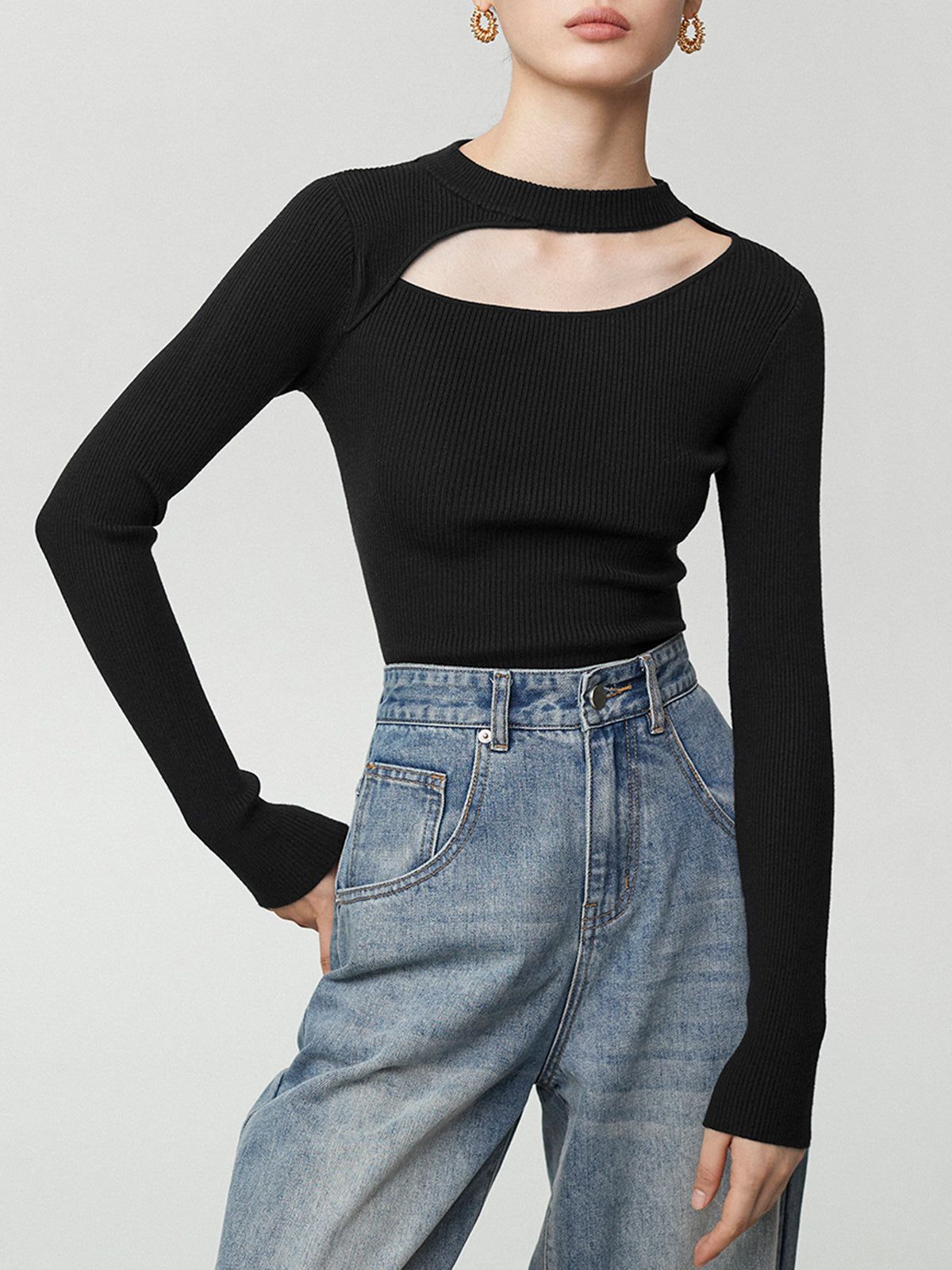 Halter Top Cutout Long Sleeve Shirt sold by COMMENSE