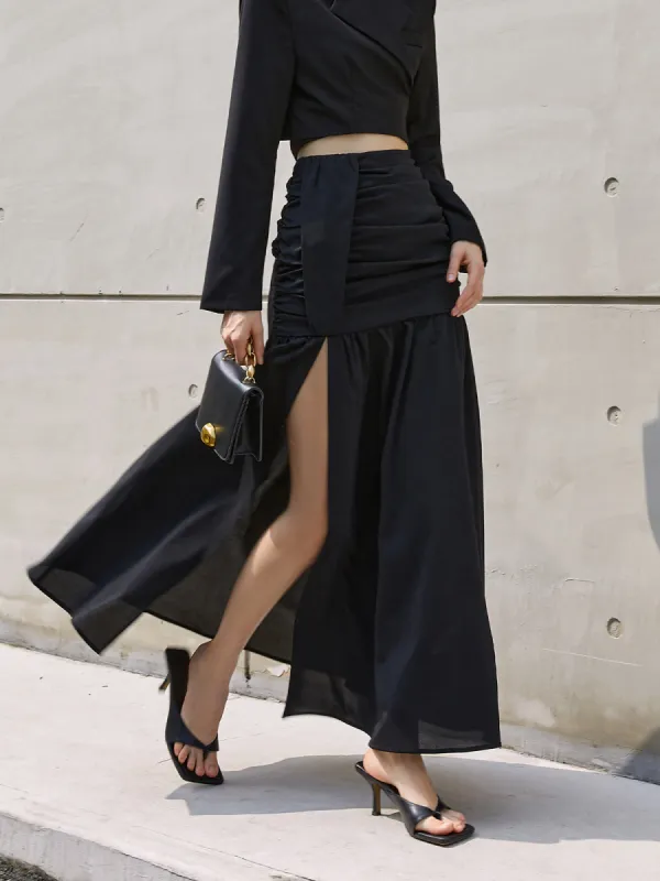 Patchwork Pleated Ruched Split Maxi Skirt made by COMMENSE