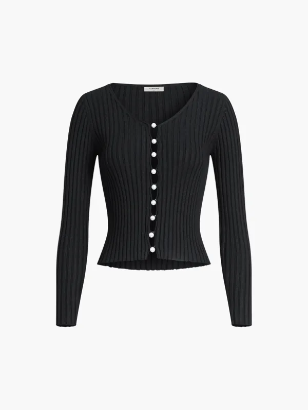 Ribbed Pearl Botton Long Sleeve Cardigan sold by COMMENSE