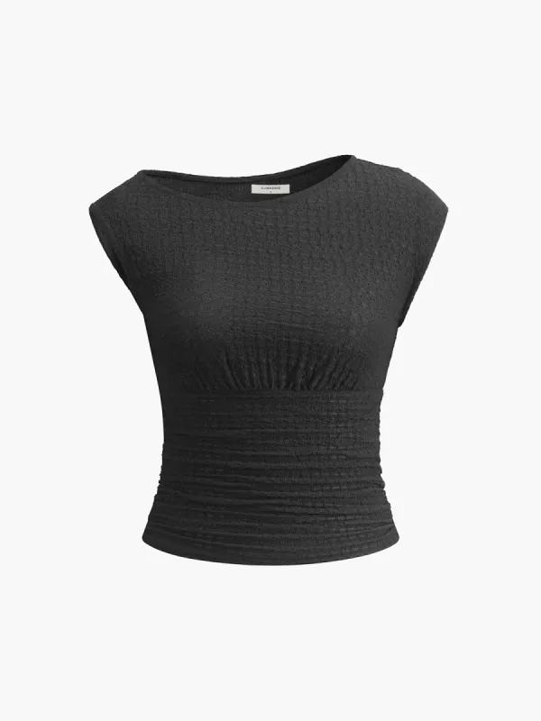 Round-Neck Asymmetrical Pleated Top sold by COMMENSE