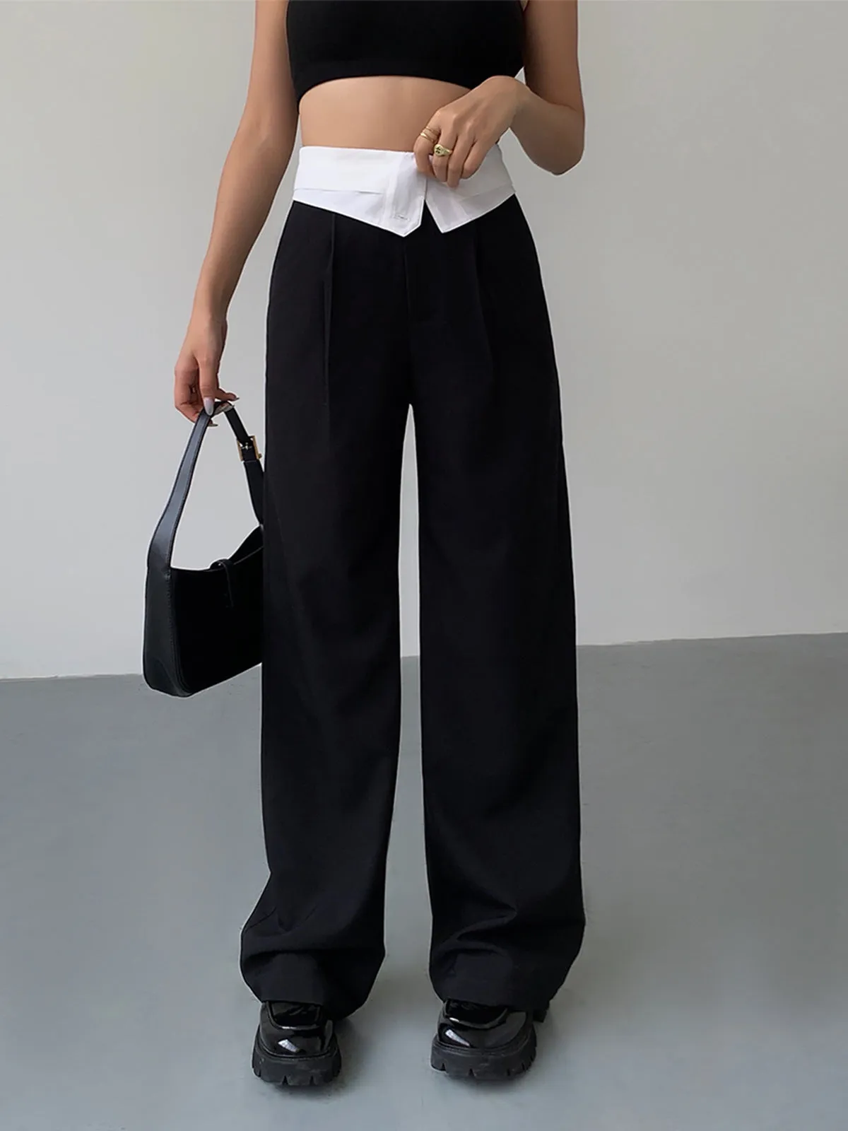 Folded Waist Contrast Wide Leg Pants sold by COMMENSE product image thumbnail 2