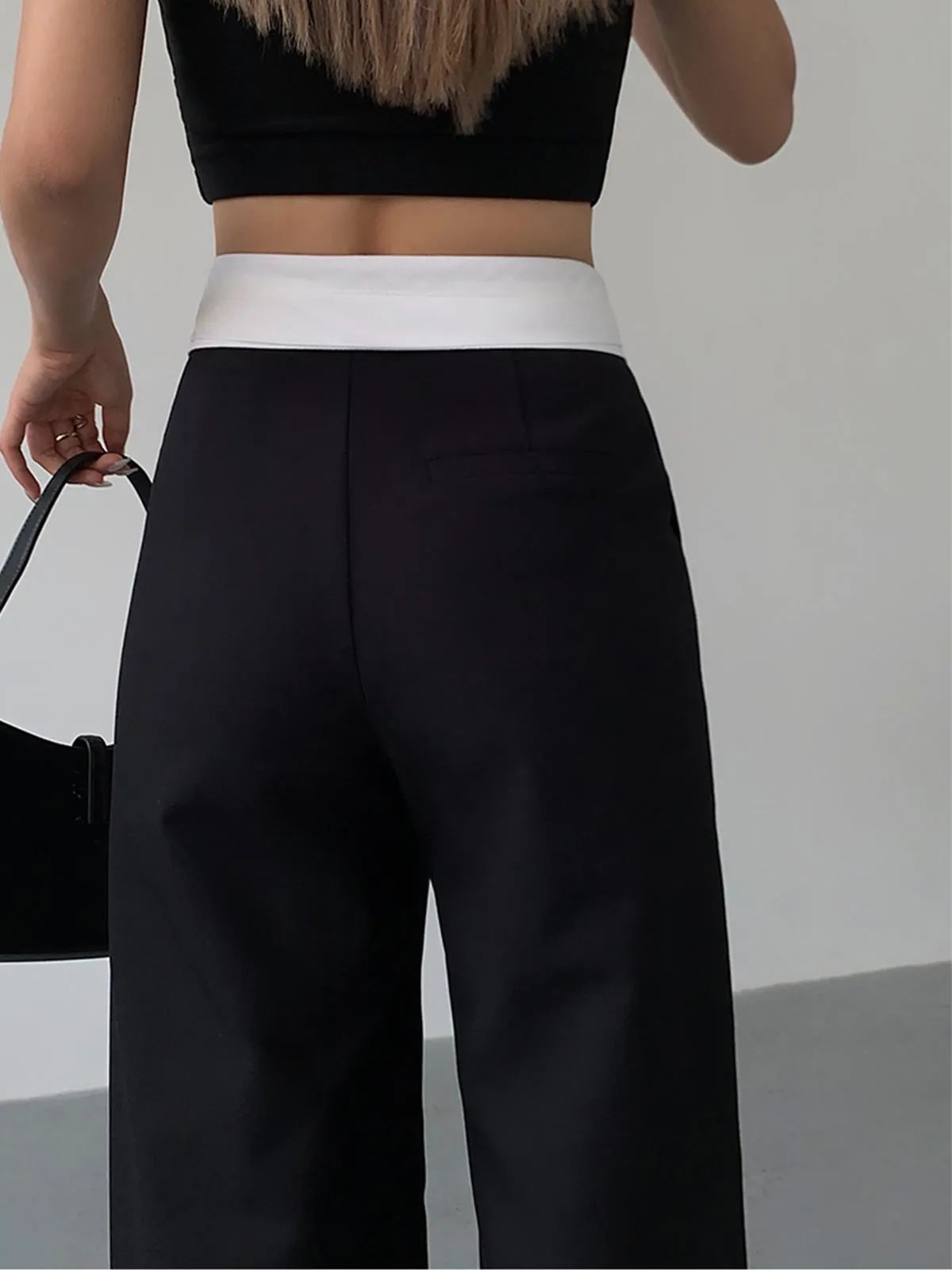 Folded Waist Contrast Wide Leg Pants sold by COMMENSE product image thumbnail 3