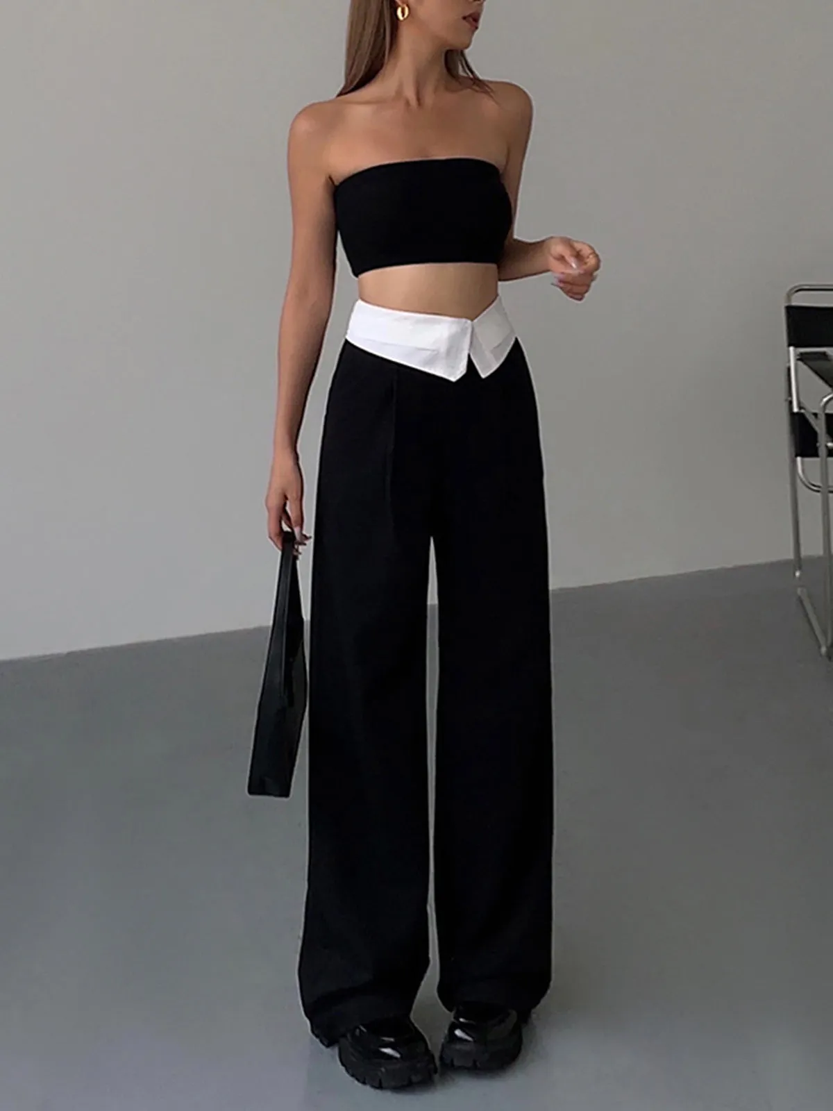 Folded Waist Contrast Wide Leg Pants sold by COMMENSE