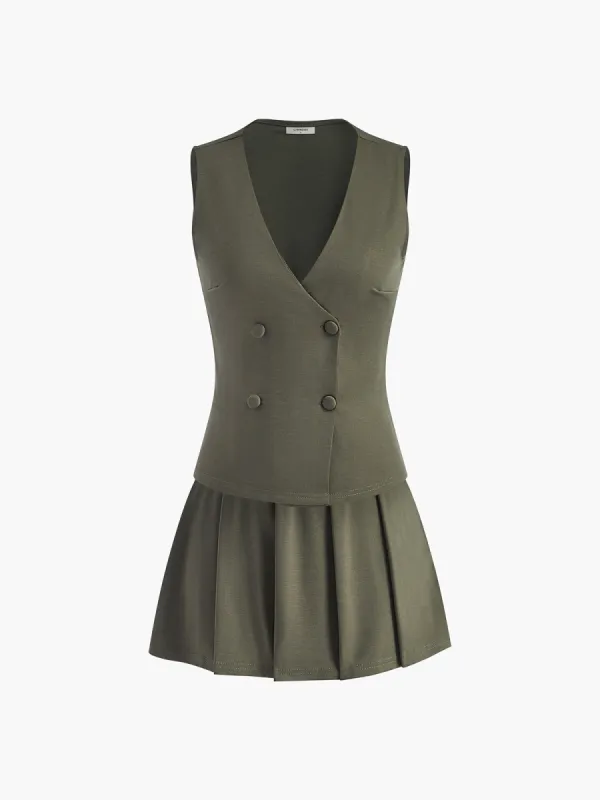 Button Pleated Solid Skirt Set sold by COMMENSE