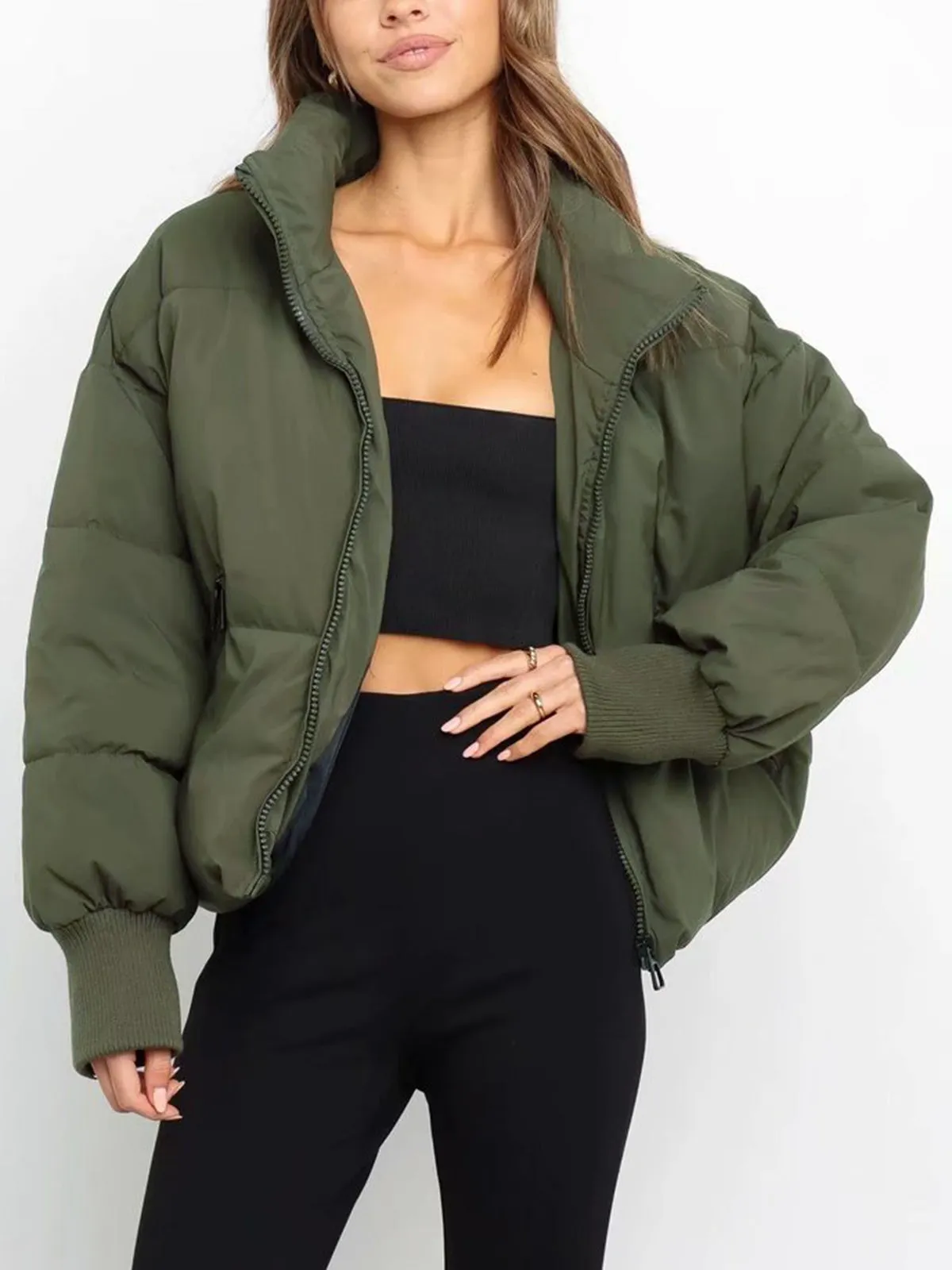 Quilted Puffer Stand Collar Crop Coat sold by COMMENSE