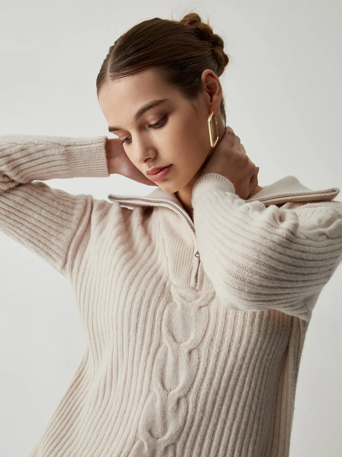 Cable Knit Open Collar Half Zip Sweater sold by COMMENSE product image thumbnail 3