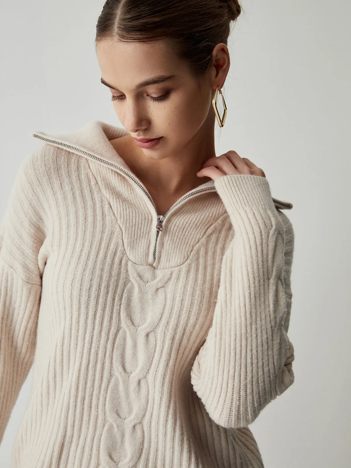Cable Knit Open Collar Half Zip Sweater sold by COMMENSE product image thumbnail 4