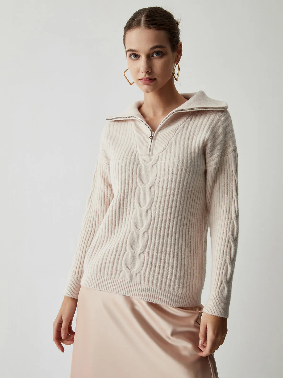 Cable Knit Open Collar Half Zip Sweater sold by COMMENSE