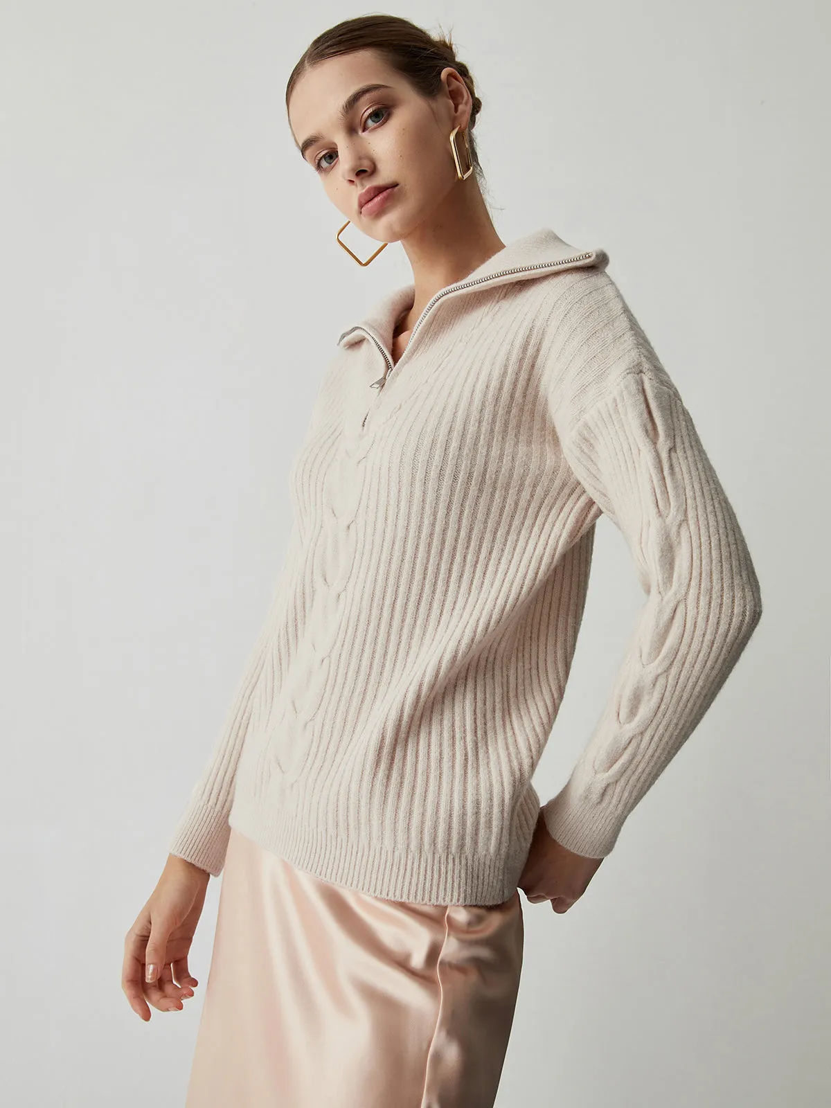 Cable Knit Open Collar Half Zip Sweater sold by COMMENSE product image thumbnail 2