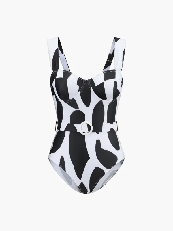 Cow Print Belted One Piece Swimsuit sold by COMMENSE