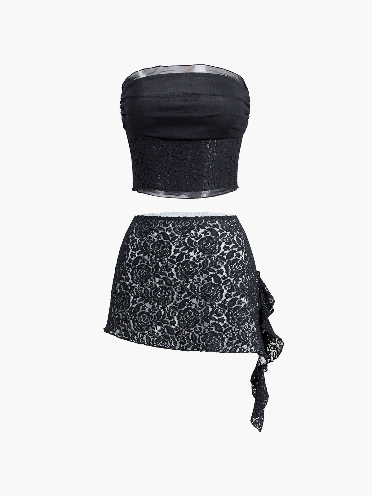 Mesh Floral Lace Two Piece Skirt Set sold by COMMENSE
