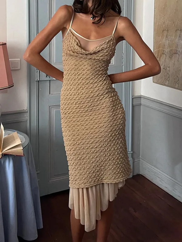 Knit Patchwork Asymmetric Pleat Draped Cami Midi Dress made by COMMENSE