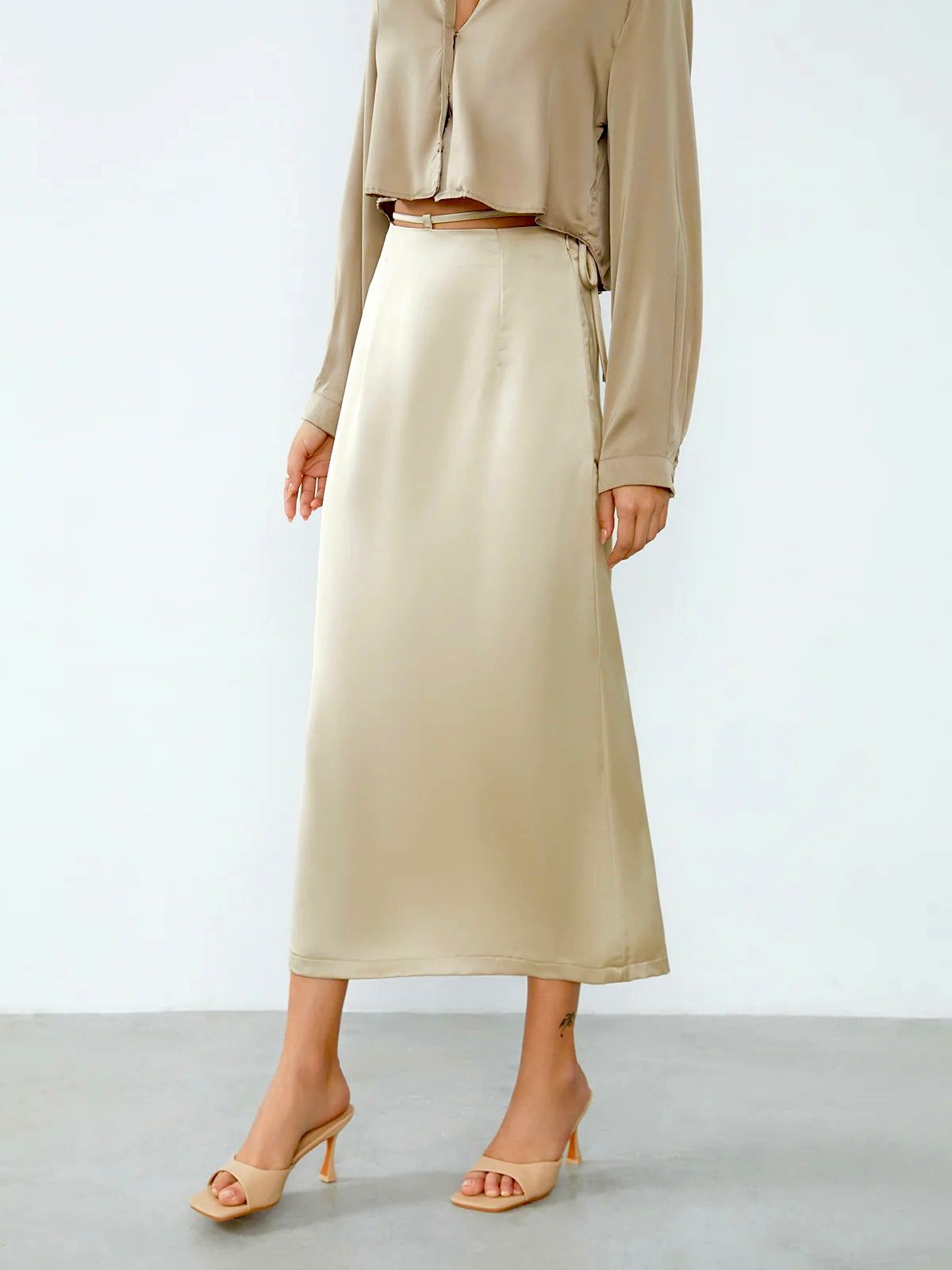 Front Tie Satin Long Skirt sold by COMMENSE