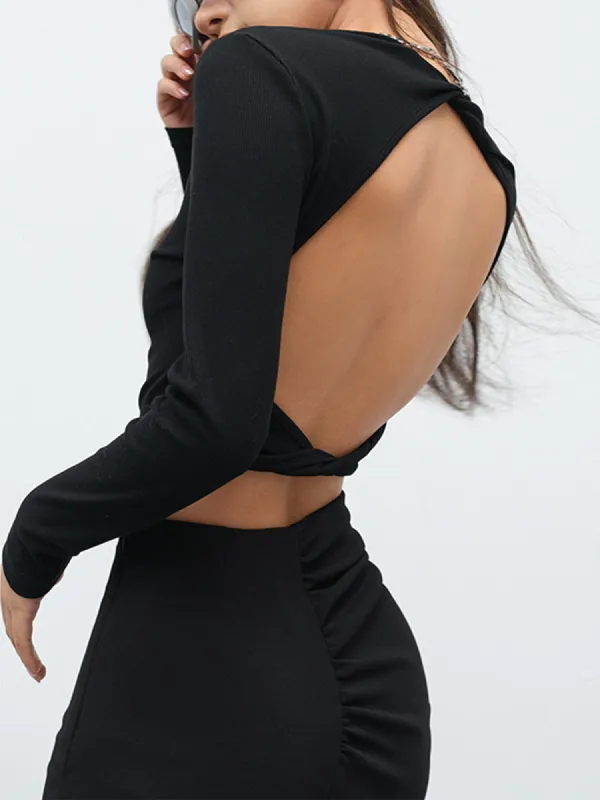 Open Back Twist Long Sleeve Crop Shirt sold by COMMENSE