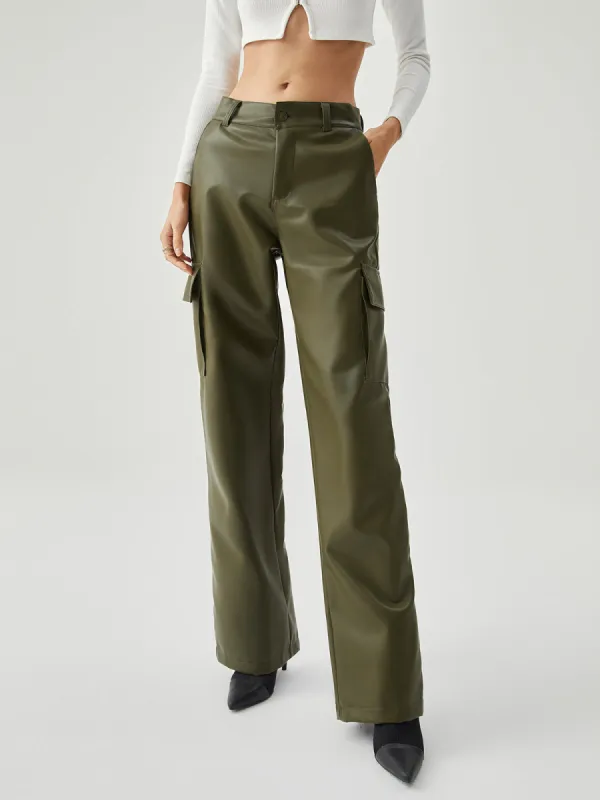 Multiple Pockets Leather Straight Leg Pants sold by COMMENSE