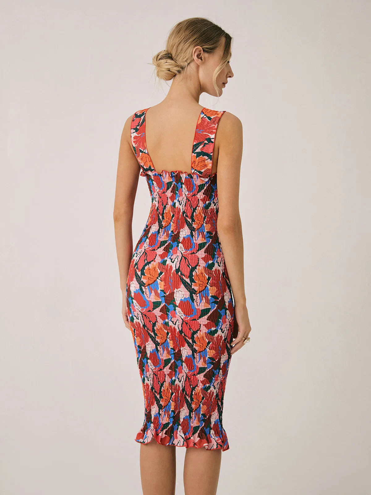 Floral Ruffle Shirred Midi Dress sold by COMMENSE product image thumbnail 5