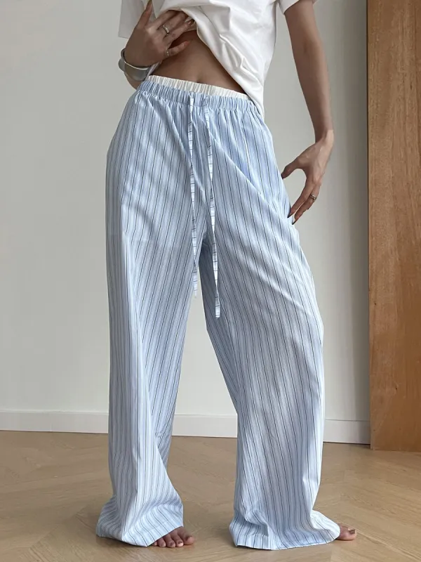 Stripe Loose Double-Waisted Tie Front Pants sold by COMMENSE