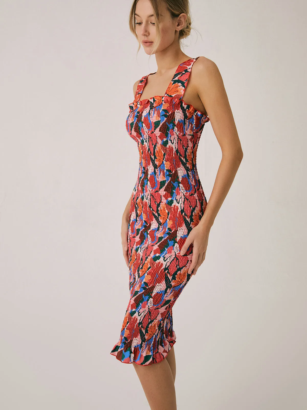Floral Ruffle Shirred Midi Dress sold by COMMENSE product image thumbnail 3