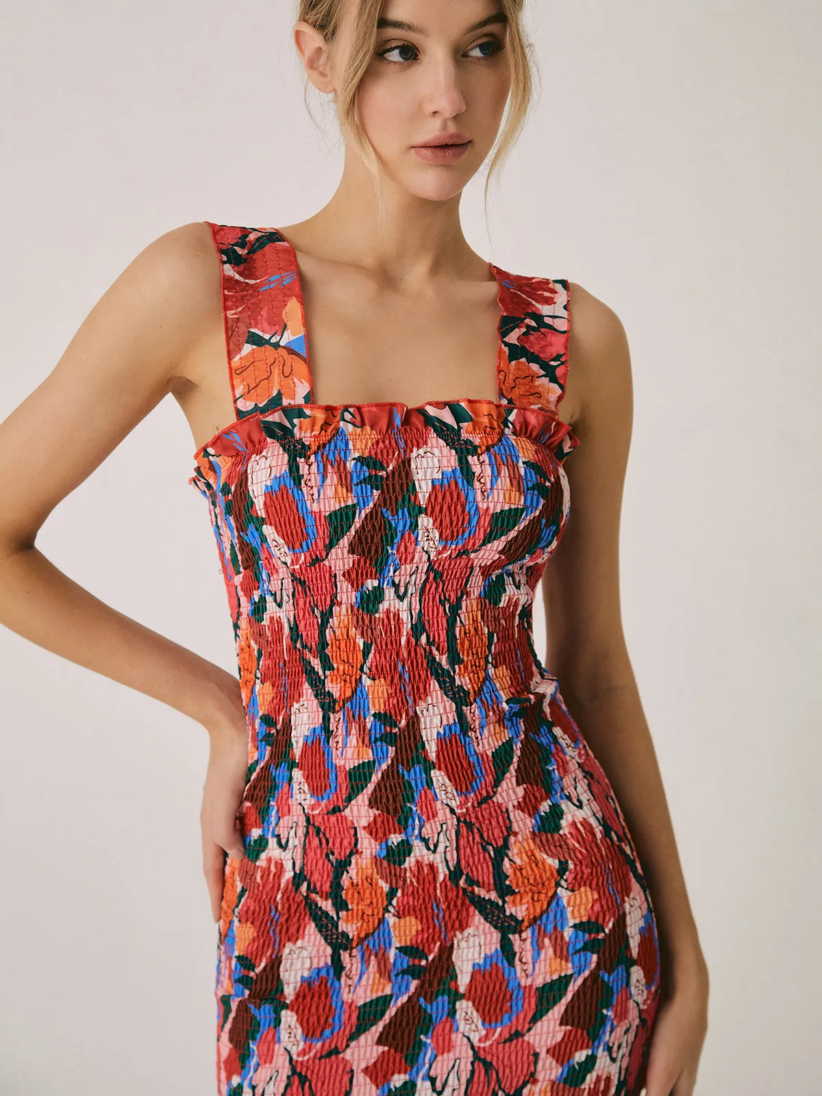 Floral Ruffle Shirred Midi Dress sold by COMMENSE