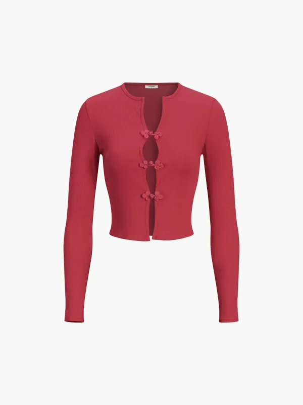 Button Ribbed Long Sleeve Cardigan sold by COMMENSE