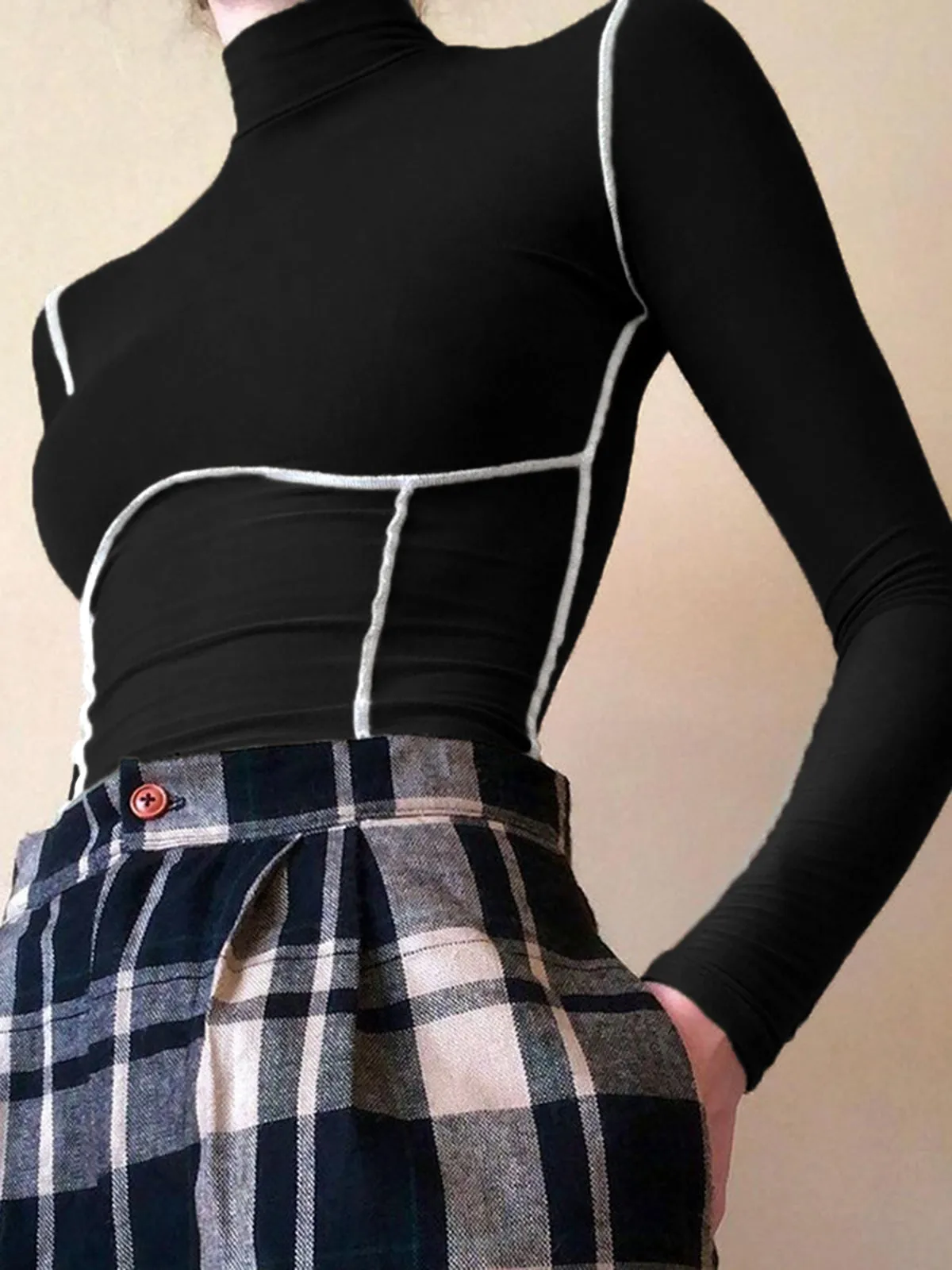 Contrast Trim Mock Neck Long Sleeve Top sold by COMMENSE product image thumbnail 2